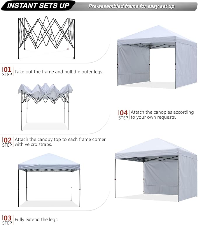 ABCCANOPY Easy Pop up Canopy Tent with 2 Sidewalls for Outdoor Sun Blocking or Rain Protection, 8x8, White
