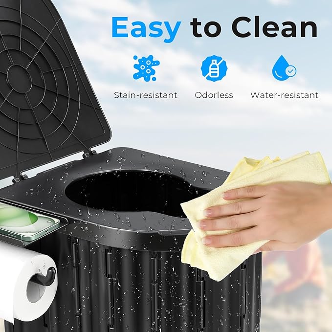 Portable Toilet for Adults, Foldable Plastic Toilet, with Lid and Paper Holder Travel Porta Potty for Adults Camping, Hiking, RV, Fishing, Beach, Road Trip, Truck, Hunting (Black)