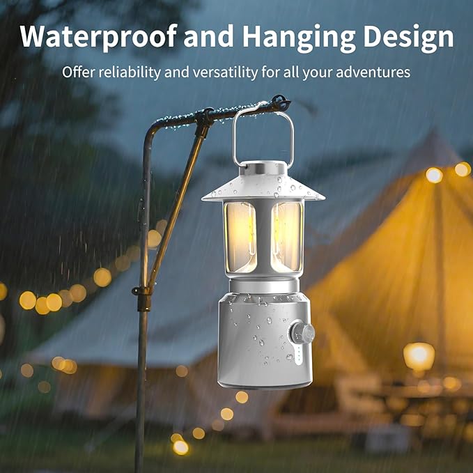 Rechargeable Camping Lantern 8000mAh, Telescoping Lighting Camping Light, 3 Light Modes Hanging Vintage Lantern, Portable Waterproof Tent Light for Hiking, Power Outages, Emergency (Silver)
