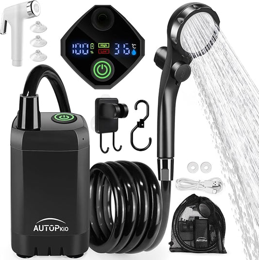 AUTOPkio Portable Camping Shower, Upgraded Outdoor Shower with 6000mAh Rechargeable Battery Pump & Digital Display for Hiking, Travel, Car, Pet Bath, Watering, Emergency