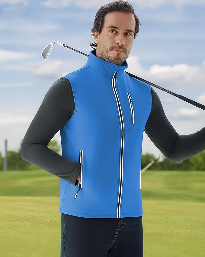 WULFUL Men's Windproof Lightweight Golf Vest Outerwear with Pockets, Softshell Sleeveless Jacket for Travel Hiking Running