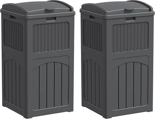 Greesum 33 Gallon Outdoor Trash Can with Lid (2-Pack), Heavy Duty Resin Garbage Bin, Waterproof & UV Resistant for Patio, Garden, Deck, Yard, Gray