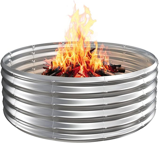 Camp Fire Ring Pit, Large Round Galvanized Steel Fire Pit, Heavy Duty Steel Fire Pit for Backyard, Camping, Bonfire (4x4x1.5 FT)
