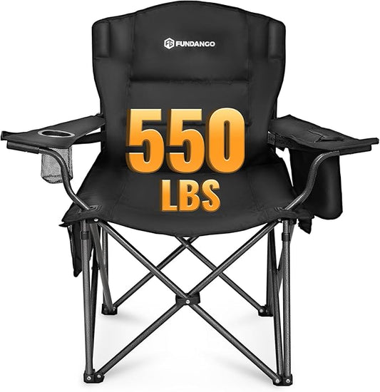 FUNDANGO Oversized Camping Chair for Adults, Heavy Duty Portable Foldable Lawn Chair with Padded Seat & Back, Lumbar Support, 4-can Cooler & Cup Holder, Carry Bag Included for Outdoor (Black)