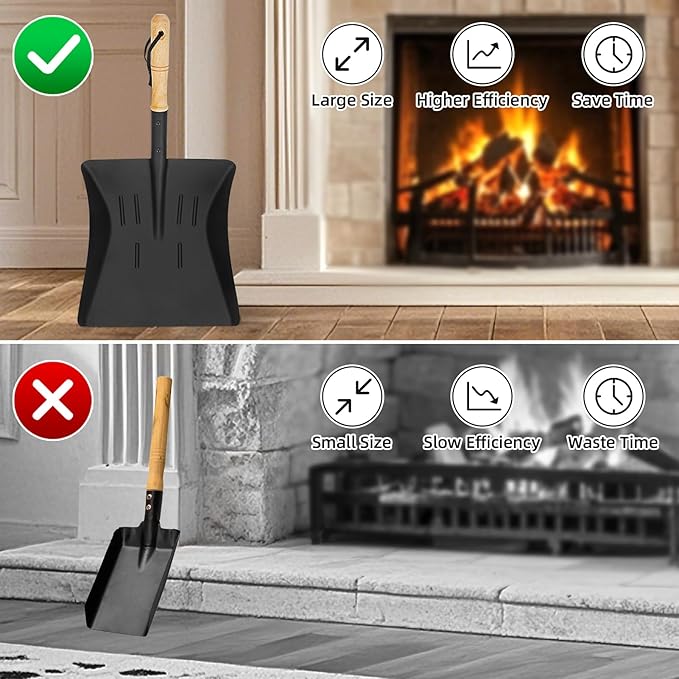 Fireplace Ash Shovel and Brush Set, Coal Shovel and Hearth Brush Set, Fireplace Tools Set Indoor Outdoor Rust Resistant Made of Natural Wood & Coco Bristles for Easy Cleaning