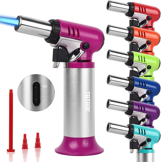 TBTEEK Butane Torch with Fuel Gauge T907, One-hand Operation Kitchen Torch Lighter with Adjustable Flame for BBQ, Baking, Brulee Creme, Crafts and Soldering(Butane Gas Not Included), Pink
