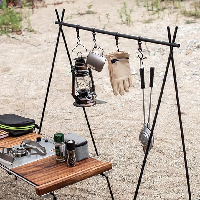 Foldable Tripod Camping Hanging Rack - 4 Hooks Outdoor Cookware Storage Portable, Outdoor Camping Folding Rack