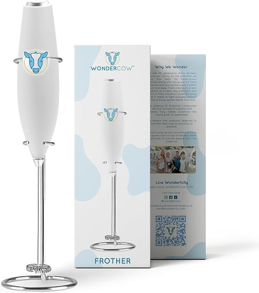 WonderCow Milk Frother Hand Mixer, Stainless Steel Electric Matcha Whisk, Handheld Mixer for Coffee, Greens, Protein & More, Battery Operated, Easy to Clean & Includes Whisk Stand (White)