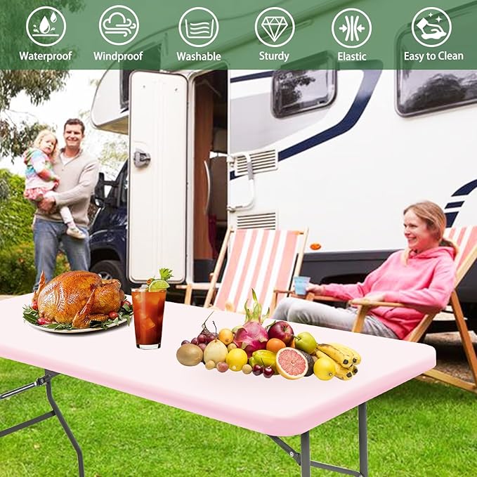 6 Foot Picnic Table Cover Fitted Elastic Tablecloth for Rectangle Table 10 Pack Waterproof Stretch Washable Folding Indoor Outdoor Spandex Tablecloth for Parties Banquet Camping (Pink,30" x 72")