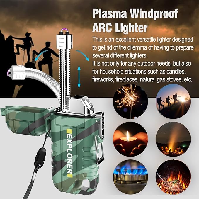 Waterproof Electric Lighter with 360°Flexible Long Neck, Outdoor Windproof Arc Lighter USB Rechargeable Flameless Plasma Cool Lighters for Outdoor & Kitchen(Camo)