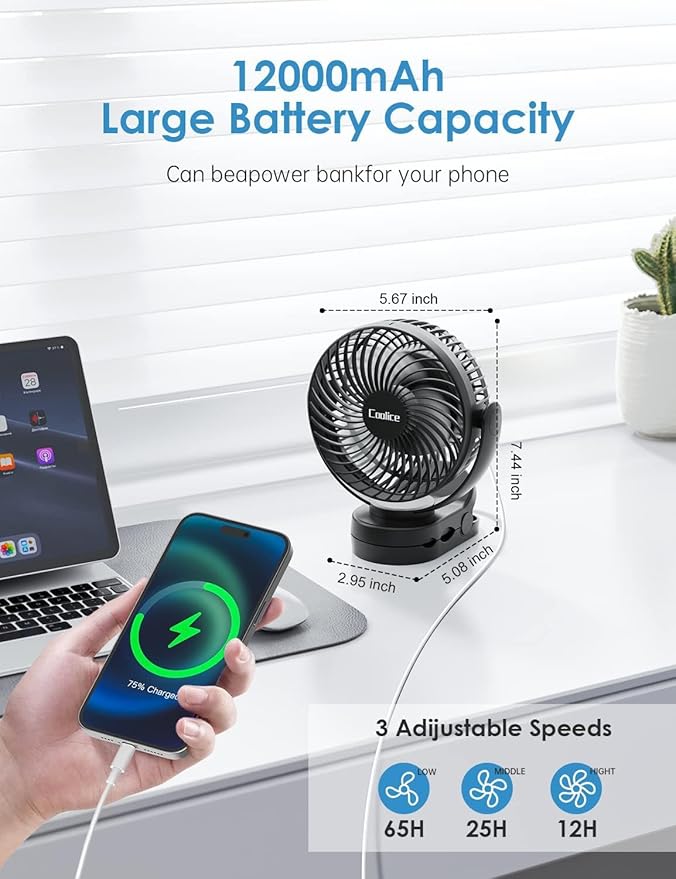 Camping Fan with Remote Control - 12000mAh Rechargeable Battery Powered Fan, Camping Fans for Tents with LED light & Hanging Hook, Rechargeable Battery Operated Ceiling Fans for Tent RV Bed, Black