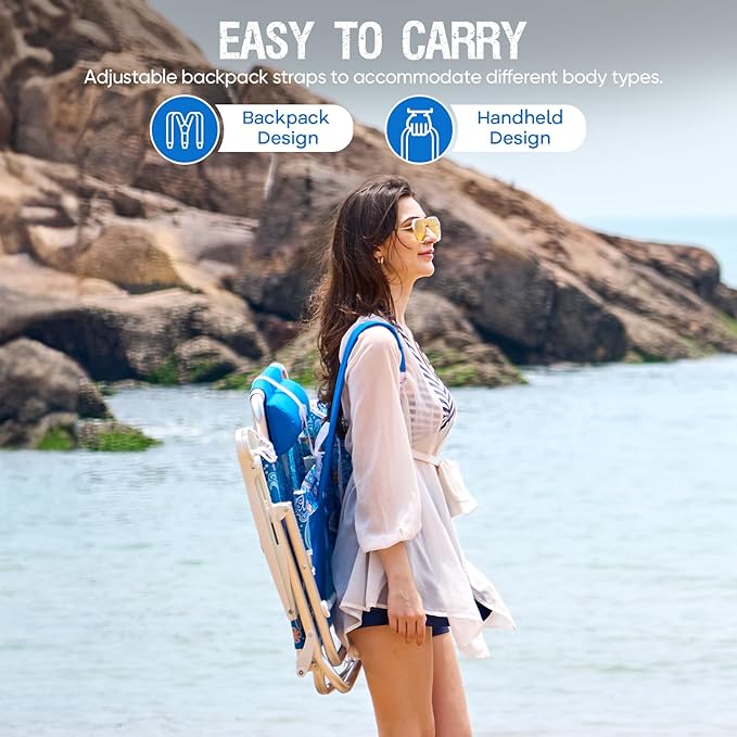 Reclining Beach Chair Backpack 5-Position Lay Flat Lounge Chair for Adults Heavy Duty Portable Folding Lightweight with Cooler Bag Camping Chair for Sand Outdoor
