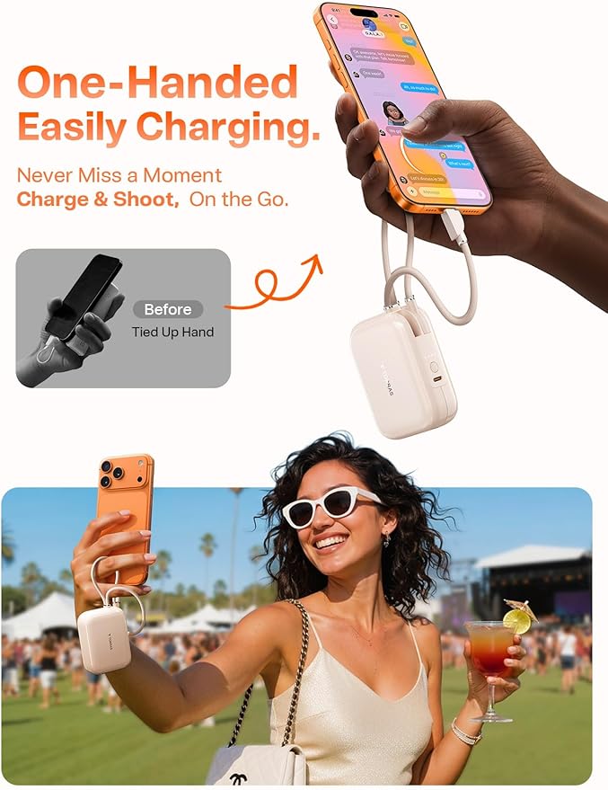 TORRAS 10000mah Portable Charger Power Bank 45W Fast Charging [Daily Use & Travel Essential] Built in Cable USB C, Phone Battery Pack Powerbank for iPhone 17 16 15, Samsung S25, S24, Google Piexl etc