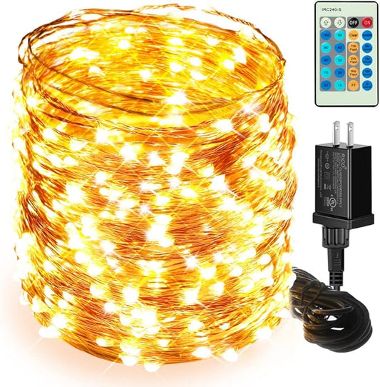 Moobibear LED String Lights, 164ft 500 LED Fairy Lights Plug in, Dimmable Outdoor Tree Lights, UL-Listed Warm White Copper String Lights Remote Control for Wedding Christmas Decor