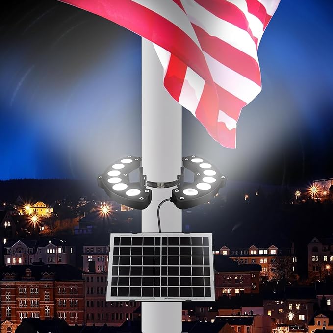 Flag Pole Lights Solar Powered 14W12000 mAh Solar FlagPole Light Up to 18-24 Hrs, IP67 Waterproof, Adjustable Clamp fits 2-6” Dia 15-40 Ft Outdoor Flagpoles Brightest, Auto Dusk to Dawn
