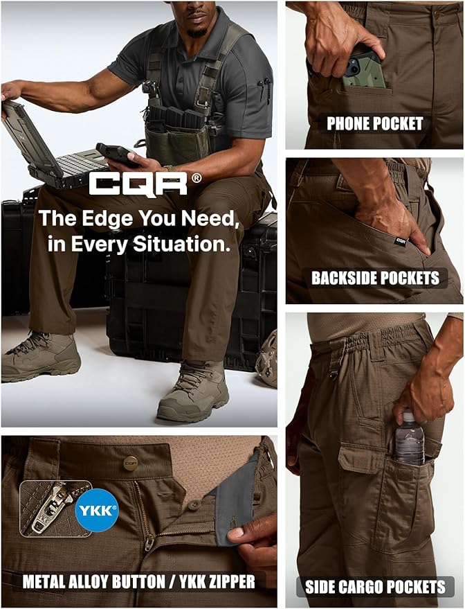 CQR Men's Tactical Pants, Water Resistant Ripstop Cargo Pants, Lightweight EDC Work Hiking Pants, Outdoor Apparel
