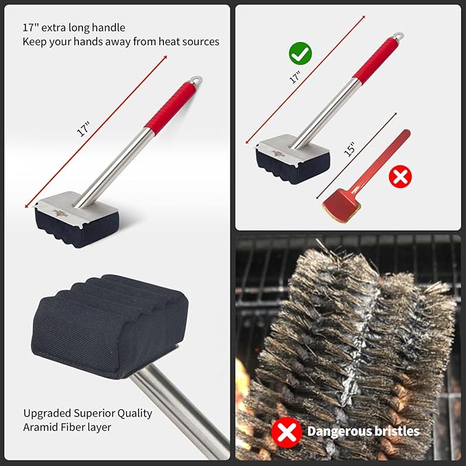 Grill Brush Bristle Free,Upgraded Aramid Fiber Wavy Pad Perfect for Cast Iron Grates/Porcelain/Weber Gas/Charcoal Grill,Replaceable Cleaning Head,Safe Grill Brush for Outdoor Grill