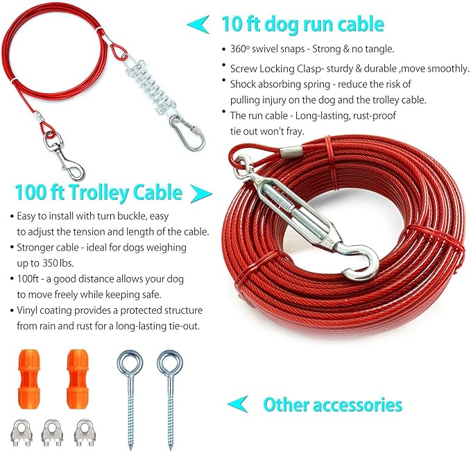 Heavy Duty Aerial Dog Tie Out Trolley System for Small to Large Dogs - Dog Run Cable 100ft /75ft Zipline with 10ft Runner Cable Great for Yard Camping Outdoor (Red, 100 ft for one Dogs up to 300 lbs)