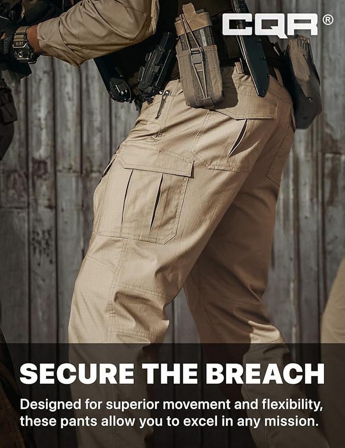 CQR Men's Flex Ripstop Tactical Pants, Water Resistant Stretch Cargo Pants, Lightweight EDC Hiking Work Pants