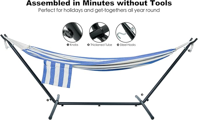 Double Hammock with Stand for Outside, Upgraded Spreader Bar, Heavy Duty Space Saving Steel Stand 2 Person, Convenient Pockets, 600lbs Weight Capacity, Indoor & Outdoor (Blue & White)