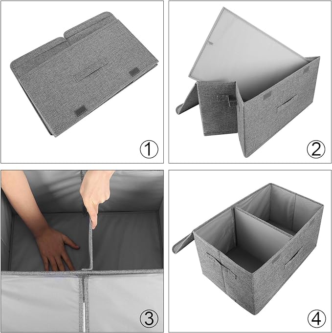 2 Pack Storage Boxes with Lids and Handles, Collapsible Linen Storage Bins Organizer Containers Baskets Cube with Removable Divider for Home Bedroom Closet Office (Grey, Small)