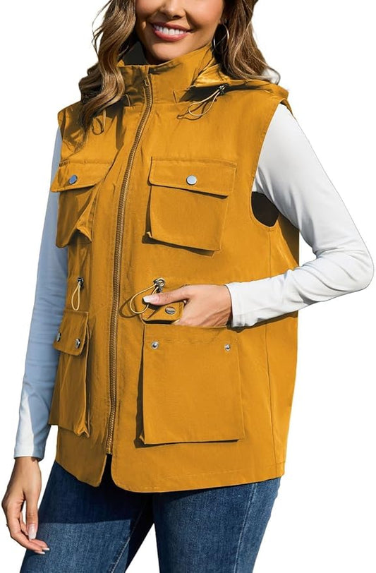 PESION Womens Packable Military Utility Vests Outerwear Waterproof Windbreaker Jacket Cargo Vest with Removable Hood