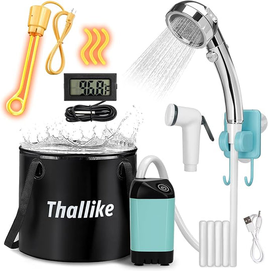Portable Shower for Camping with Immersion Water Heater, Rechargeable Camping Shower Pump, Outdoor Hot Shower with 6.6 Gallons Folding Bucket for Camping, Hiking, Traveling, Washing