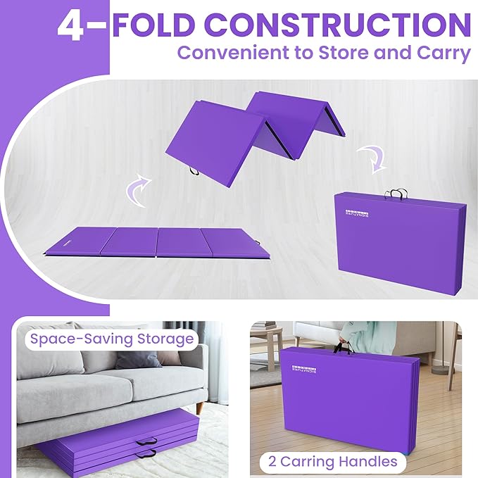 Folding Exercise Gymnastics Mat 10'x4'x2" Gym Workout Mat with Carrying Handles High-Density Anti-Tear Portable Fitness Aerobics Mats for Home Gym Yoga Pilates Tumbling MMA Core Training, Multiple Colors