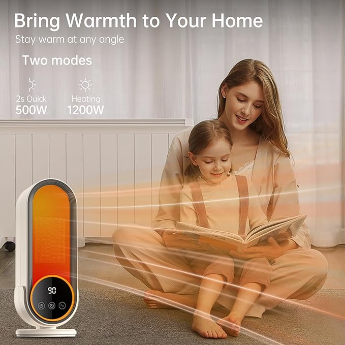 Space Heater Indoor - Energy Efficient Portable Heater with Adjustable Thermostat,1200W PTC Rapid Heating Ceramic Technology with Remote,Intelligent Timing, Ideal for Home and Office Use (NEW E68S)