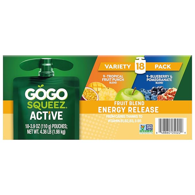 GoGo squeeZ Active Fruit Blend Energy Release|18-Count Variety Pack|Tropical Fruit Punch and Blueberry & Pomegranate|Made with Real Fruit and B Vitamins