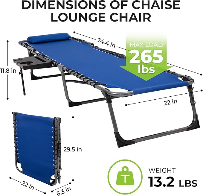 FUNDANGO Folding Chaise Lounge Chair Outdoor, 5 Positions Foldable Beach Lounges Chairs for Adults with Side Table & Pillow for Outside Tanning Pool Camping Patio Lawn (Blue)