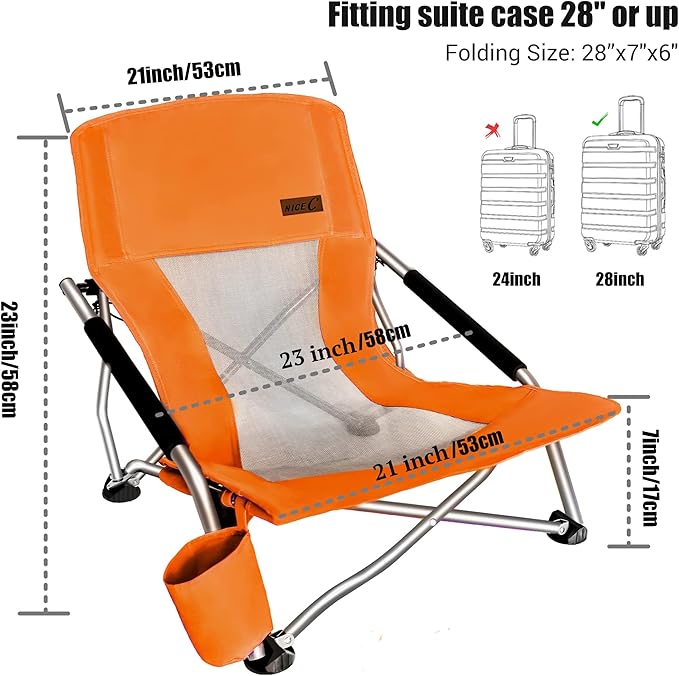 Nice C Chair for Beach for Adults 2 Pack, Low Chair, Sling, Folding, Portable, Concert, Kids, Boat, Sand Chair with Cup Holder & Carry Bag (Set of 2 Orange)