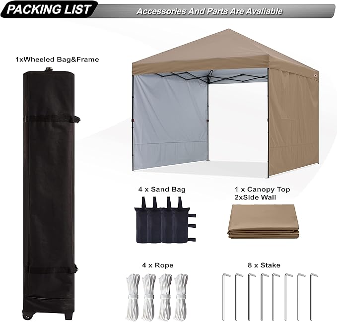 ABCCANOPY Easy Pop up Canopy Tent with 2 Sidewalls for Outdoor Sun Blocking or Rain Protection,10x10,Khaki