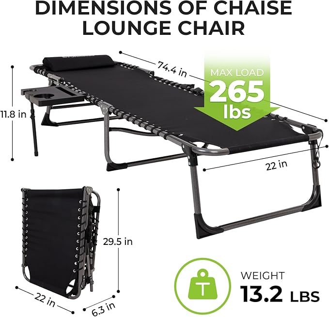 FUNDANGO Folding Chaise Lounge Chair Outdoor, 5 Positions Foldable Tanning Chairs with Side Table & Pillow for Outside Sunbathing Pool Camping Patio Lawn (Black)