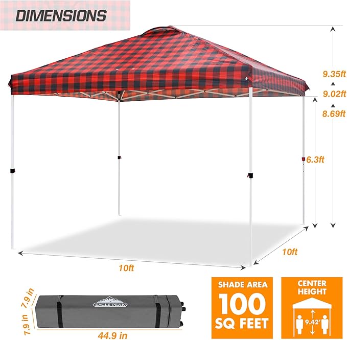 EAGLE PEAK Pop Up Canopy Tent with Wheeled Carry Bag, 8 Stakes, 4 Ropes, 4 Weight Bags, Easy Set Up Tent Canopy, 10x10 ft, 100sqft of Shade, Red Plaid