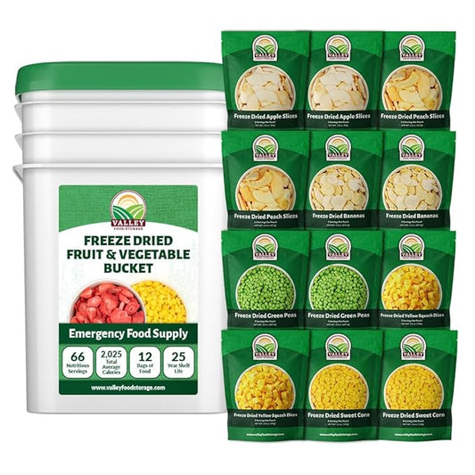 Freeze Dried Fruit & Vegetable Bucket | 12 Pouches Premium Emergency Food Supply | Non-GMO Survival Food 25 Year Shelf Life | Camping Food, Backpacking Meals, Prepper Supplies | Valley Food Storage