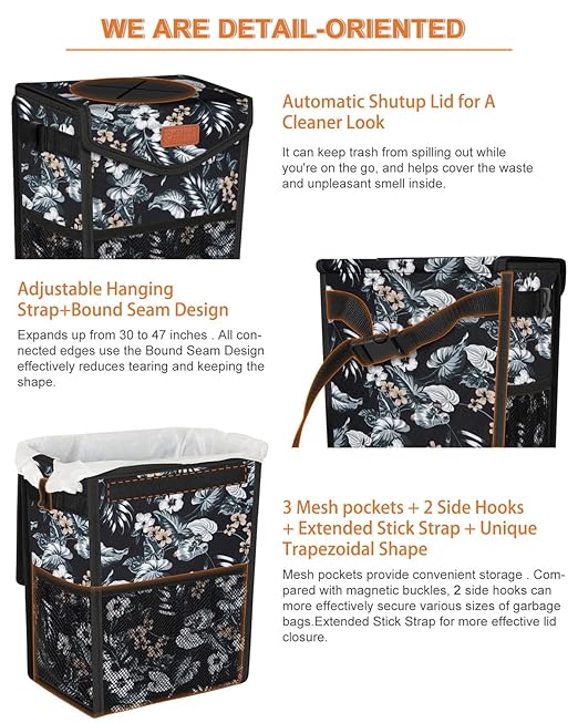 Car Trash Can with Lid, Cute Leakproof Car Trash Garbage Bag Hanging Vehicle Trash Bin Small Portable Automotive Garbage Cans Organizer for Back/Front Seat(Trapezoid,Black with Lily Print)