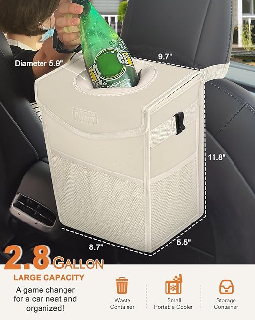 Car Trash Can with Lid, Cute Leakproof Car Trash Garbage Bag Hanging Vehicle Trash Bin Small Portable Automotive Garbage Cans Organizer for Back/Front Seat/Console(2.8 Gallons,Beige