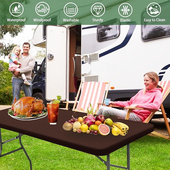 6 Pack Picnic Table Cover Fitted 8 Foot Tablecloth for Rectangle Tables Elastic Waterproof Stretch Washable Patio Folding Outdoor Spandex Table Cloth for Camping Banquet and Parties (Coffee 30" x 96")