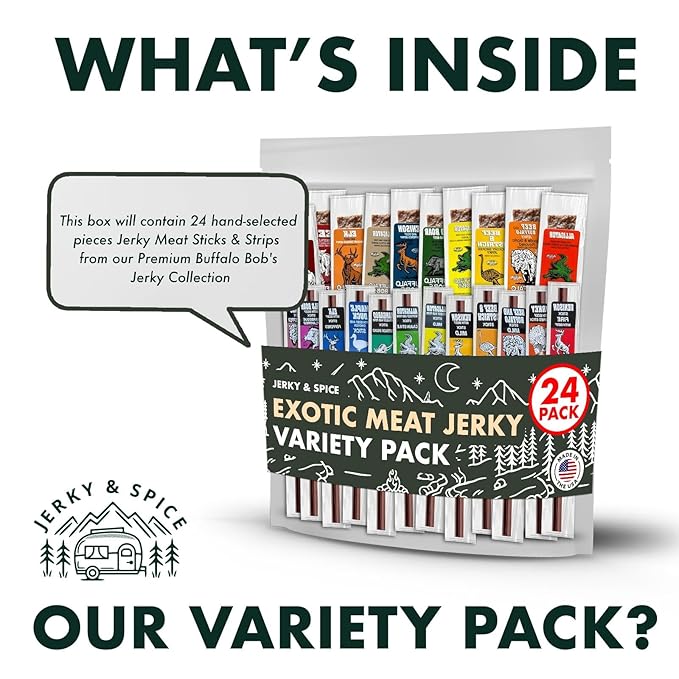 Buffalo Bob's Wild Game Meat Snacks (24 pack) | Beef Jerky Assortment Pack of Flavorful Strips & Sticks | Snacks Variety Pack for Adults | Exotic Jerky | Ideal Gifts for Anniversary, Camping, Hunting
