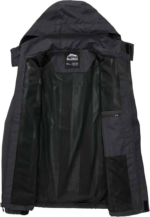 ELLSWOS Men's Waterproof Raincoat Lightweight Rain Jacket with Detachable Hood Softshell Windbreakerl for Hiking Travel
