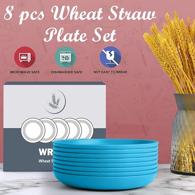 Wheat Straw Plates 10 Inch - Unbreakable Dinner Plate Set of 8 - Dishwasher & Microwave Safe Plastic Plates Reusable - Lightweight Deep Plate for Kitchen,Outdoor,Dorm (Blue)