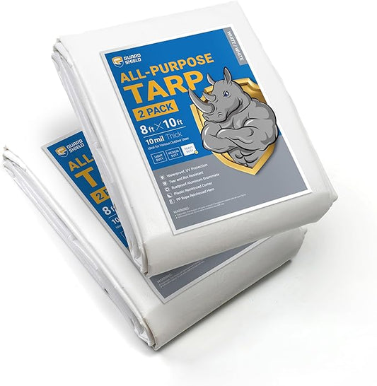 GUARD SHIELD Tarps Heavy Duty Waterproof 8x10 Feet White Poly Tarp Cover Outdoor Thick UV Resistant Tarpaulin with Grommets 10mil (2-Pack)