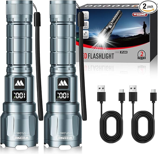WdtPro LED Rechargeable Flashlight 2 Pack, Super Bright Zoomable 6000 Lumens Tactical Flashlight with LCD Digital Display, 3 Mode Waterproof Flash Light for Camping, Hunting & Home Emergency - Grey