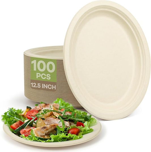 100pc Disposable Oval Paper Plates, 12.5" Biodegradable Compostable Heavy Duty Bagasse Platters Eco-Friendly Sugarcane Plates for BBQ, Party, Picnic - Natural Pulp