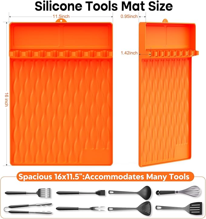 2-Pack Silicone Griddle Mat for Blackstone – Heat-Resistant Utensil Holder with Drip Tray, Non-Slip BBQ Tool Organizer for Grill, Kitchen Countertop & Outdoor Cooking Accessories(Orange)