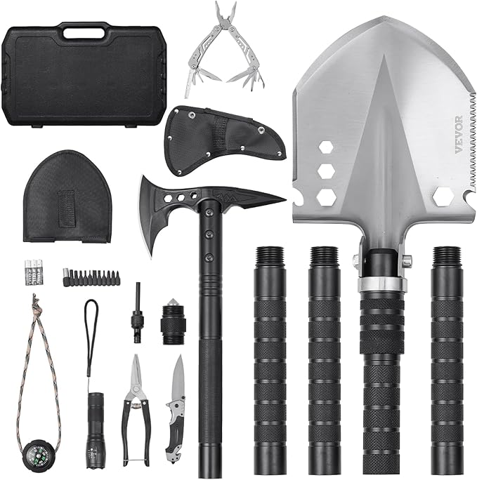 VEVOR Survival Shovel Survival Axe, 28-in-1 Camping Folding Shovels with Hatchet, Stainless Steel Tactical Shovel Hatchet Combo, Multifunctional Emergency Survival Gear Equipment for Camping Hiking