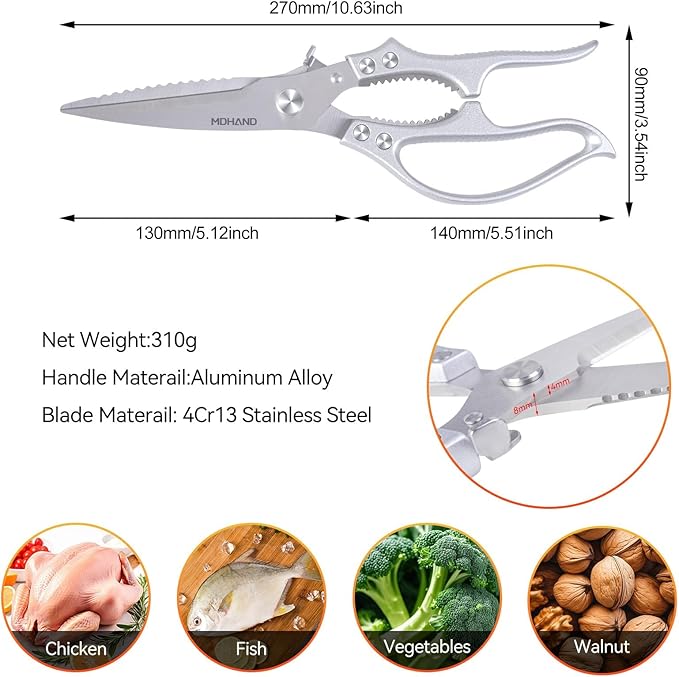 MDHAND Heavy Duty Poultry Shears, Kitchen Food Scissors All Purpose for Meat Cutting, Chicken Fish Fruit Vegetables, Dishwasher Safe Kitchen Shears with Anti-Slip Handle & Safety Lock, Spring Loaded