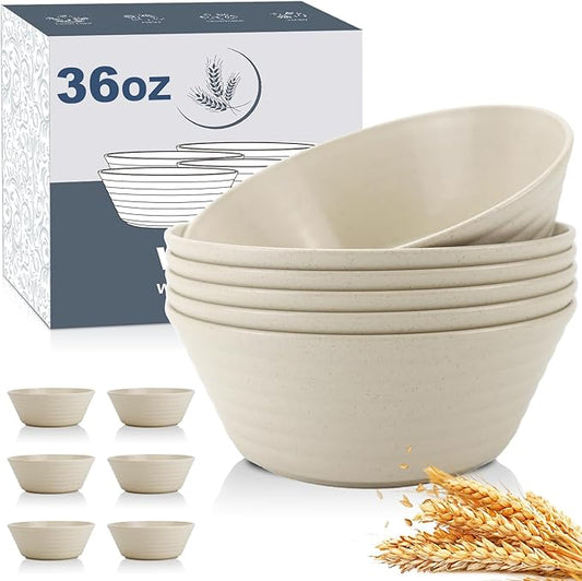 Wheat Straw Bowl Sets,6 PCS Unbreakable Cereal Bowl 36 OZ,Microwave and Dishwasher Safe Bowls,Soup Bowl Sets for Serving Soup,Oatmeal and Salad （Beige）