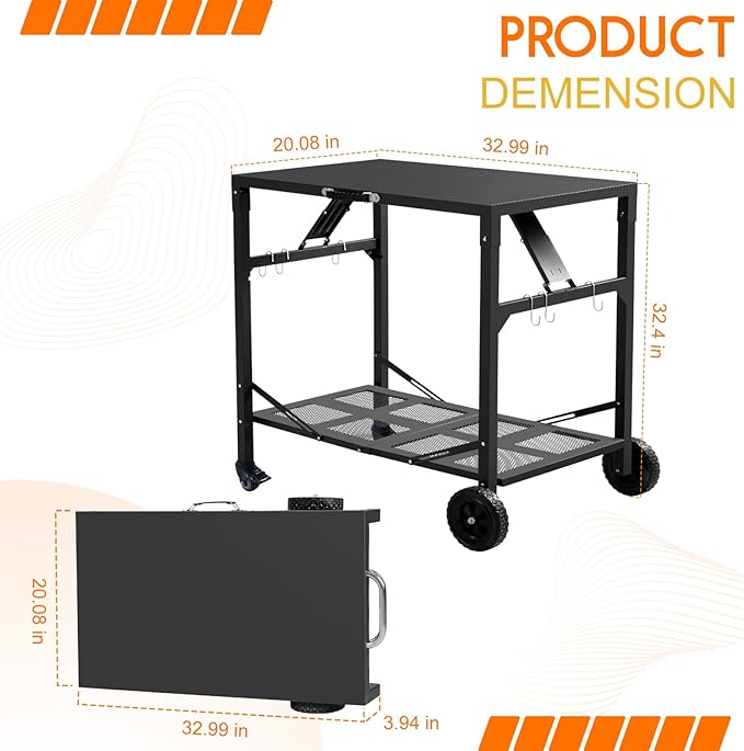 Grill Cart Outdoor with 4 Wheels - Foldable Pizza Oven Stand Table, Portable Dining Cart Table for Outdoor, BBQ, Indoor, Kitchen Black